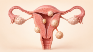 Ilustração do útero mostrando miomas uterinos em diferentes localizações.